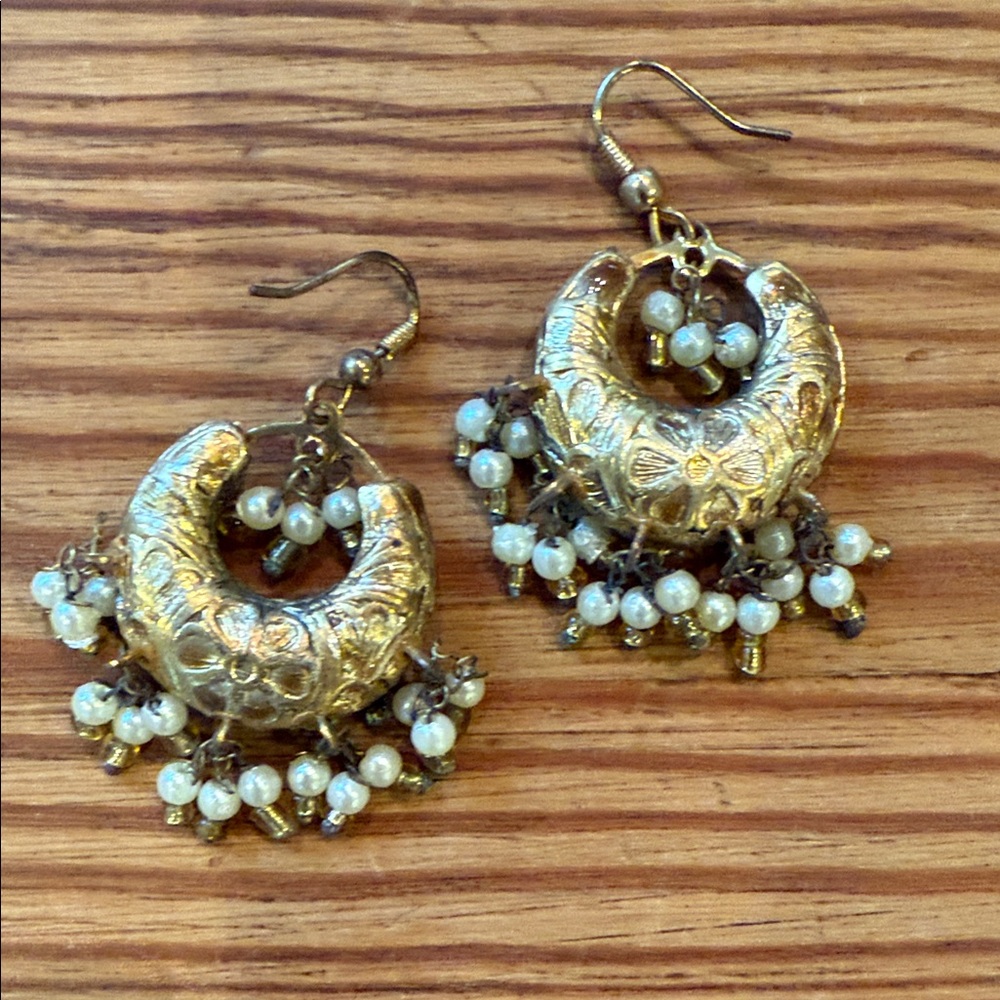 Victorian Style Gold Embossed Hoops w/ Dangling Seed Pearls - Picture 1 of 4